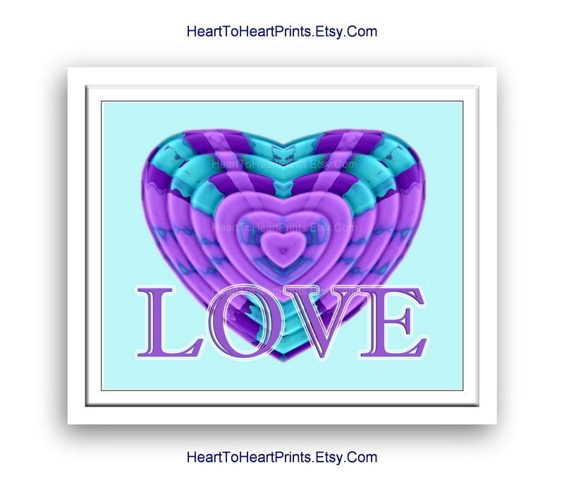 Purple Heart Wall Art Print Teal Mint Love Wall Decor Bohemian