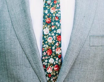 Green Floral Skinny Tie,Floral Tie, Retro Tie, Casual, Men's, Groomsmen , Vintage , Handmade , Wedding , Gift ,Skinny, Classic, Necktie,Prom