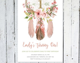 First Birthday Invitation Girl, Dream Catcher, Birthday Invitation Girl, Pink, Gold, Floral, Rustic, Boho, Watercolor, Printed, Printable