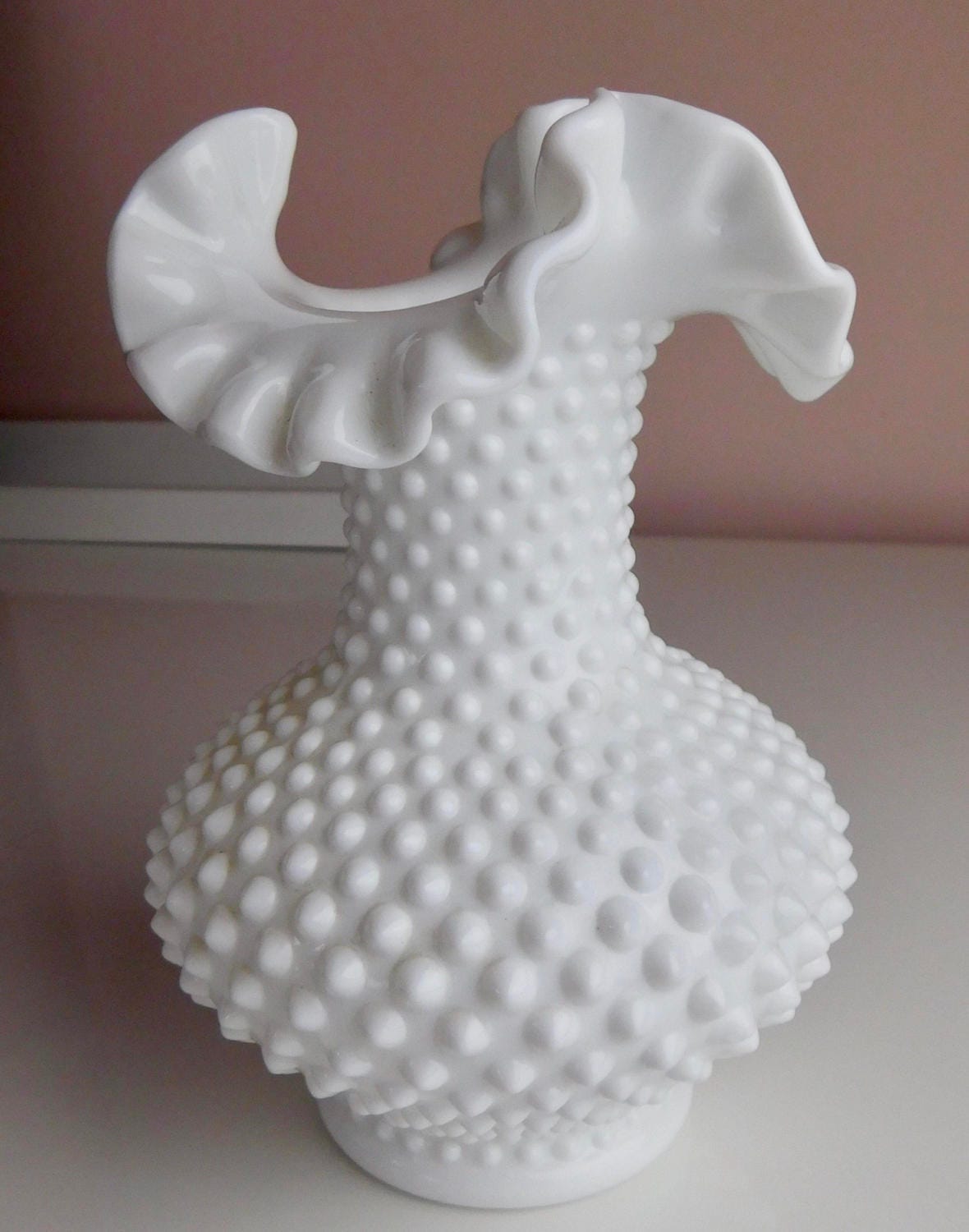 Double Crimped Vase In Hobnail Milk Glass By Fenton Pure White Opaque Ruffled Edges Fluted 8 5832