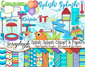 SPLISH SPLASH Clipart and Papers Kit, 33 png Clip arts, 21 jpeg Papers Instant Download water park gun slide amusement sprinkler pool raft
