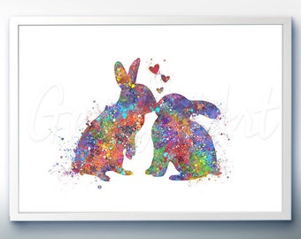 Rabbit Kissing Watercolor Art Print - Home Living - Animal Painting - Rabbit Poster - Wall Decor - Home Decor - House Warming Gift