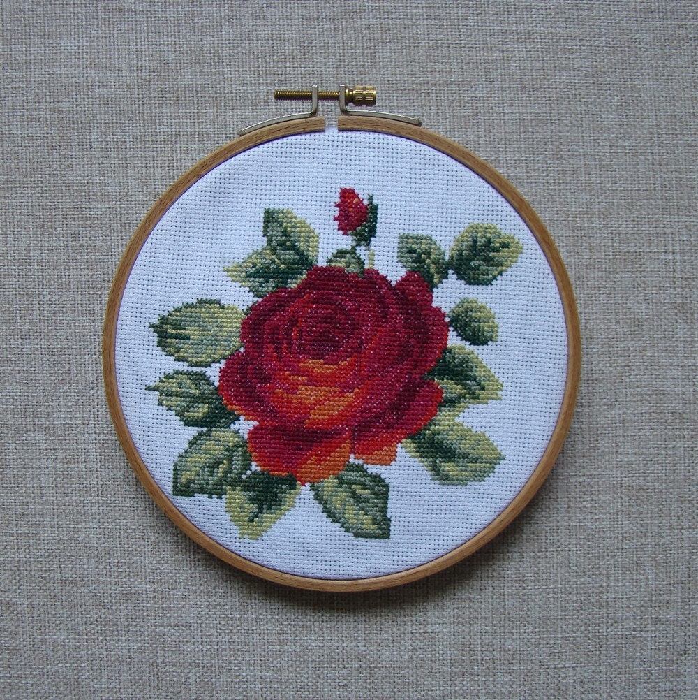 Red Rose Flower Embroidery Counted Cross Stitch Pattern PDF