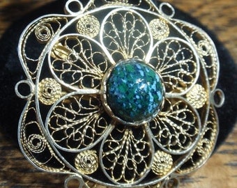Sterling Filigree Israel Brooch with Eilate Stone