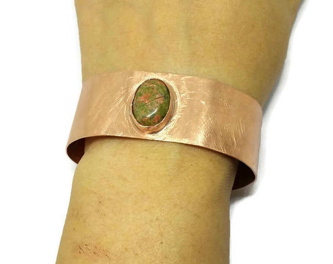 Unakite Copper Cuff Bracelet, Heart Chakra Bracelet, Gemstone Jewelry, Copper Bracelet, Gifts for Her, Unique Birthday Gift