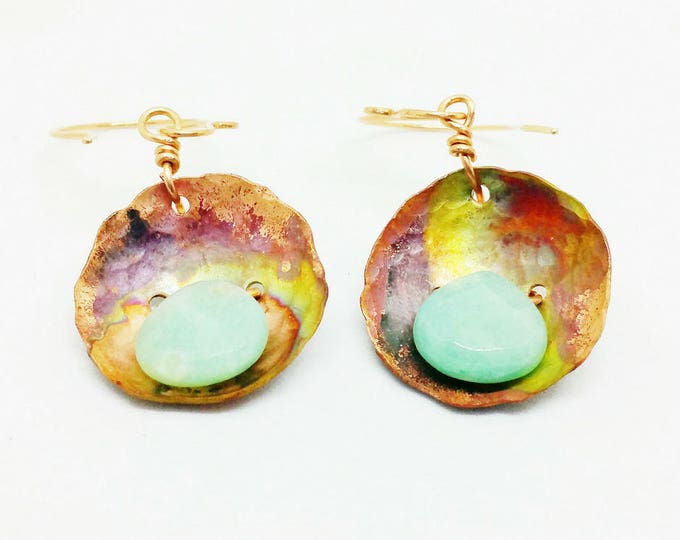 Amazonite and Copper Earrings, Rustic Domed Copper Earrings, Gemstone Earrings, Heart Chakra Earrings, Unique Birthday Gift, E001