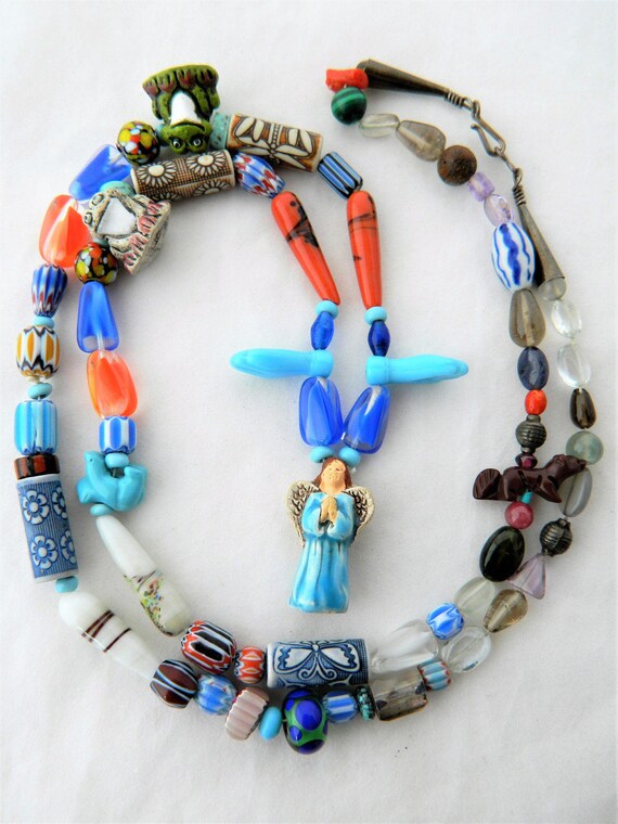 Vintage Peruvian Novelty Glass Beaded Long Statement Necklace