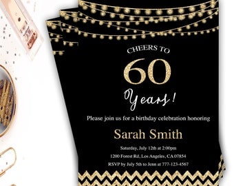 60th birthday invitation, 60th birthday invites, gold chevron 60th invitation, gold and black birthday, gold string lights, glitter, party