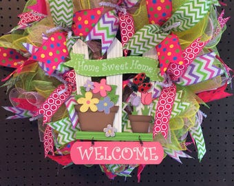Welcome Spring Wreath/Spring Mesh Wreath/Home Sweet Home Wreath/Front Door Wreath