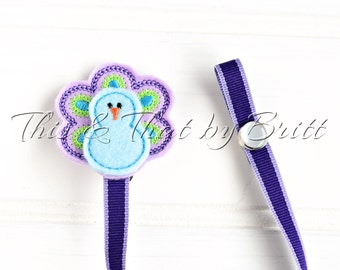 Baby Pacifier Clip // Teething Ring Clip // Purple Peacock Feltie // Purple Stripe Ribbon // Easy Pacifier Clip
