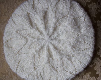 Winter white beret, womens winter hat, french beret, womens knit hat, hand knitted beret for women, snowflake hat, ready to ship