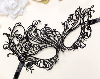 Black Macrame Masquerade Mask - Asymmetrical Venetian Lace Mask - Mardi Gras Masquerade Mask - Costume Party Lingerie Eye Mask (1 MASK)
