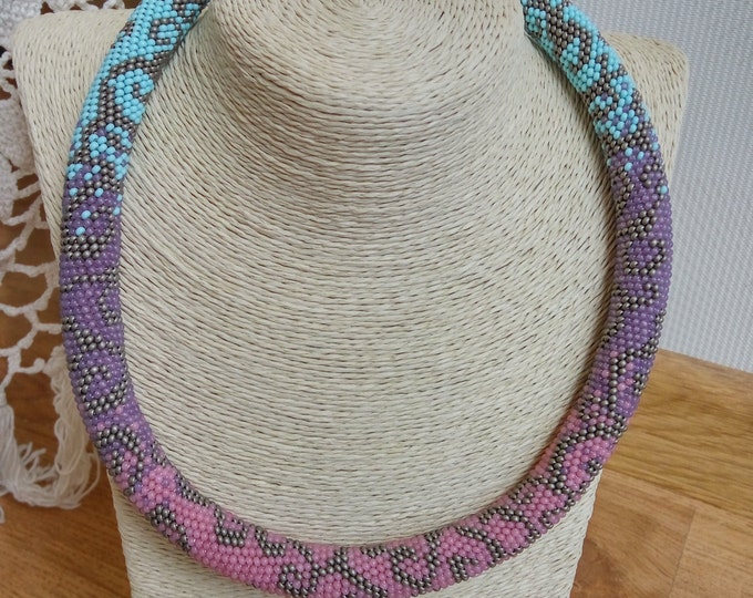 Сurls necklace pink grey purple blue gift for her unusual casual beadwork crochet rope gentle jewelry beadwork statement multicolor romantic
