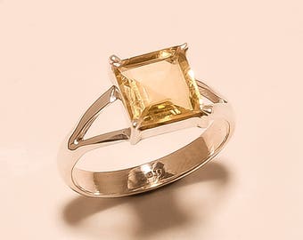 Natural Citrine Ring Faceted Ring Sterling Silver Ring Citrine Gemstone Ring 925 Solid Sterling Silver Ring Citrine Square Ring Size 7 E-846