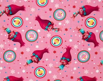 Trolls Fabric - Dreamworks Trolls 59740 Poppy Cupcake Toss 100% Cotton fabric by the yard, SC379