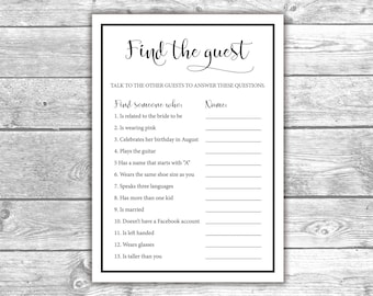 DIGITAL FILE - Find the Guest - Bridal Shower Games - Black and White, Printable, Activities, Bachelorette, BW1001