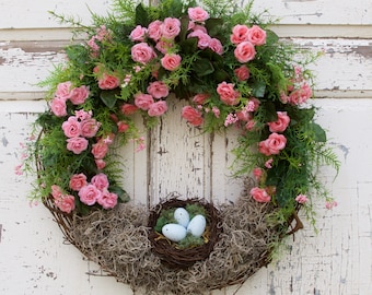 Robin's egg Wreath, Spring Wreath, Mother's Day Wreath, Natural Wreath, Roses Wreath, Romantic Wreath, Bird's Nest Wreath, Cottage Chic