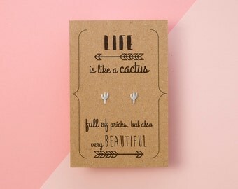 Silver Cactus Earrings with Hand Designed Kraft Gift Card