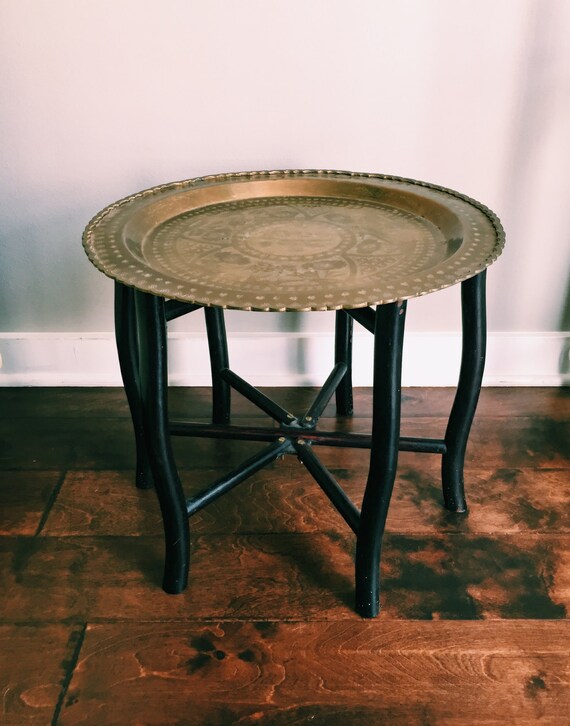 Vintage Folding Brass Tray Table w/ Folding Black Wood Base