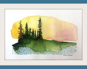 The sunset, original watercolor painting, 5''x7'', 2017, fine art collection, paysage art, nordic forest, minimalist artwork,