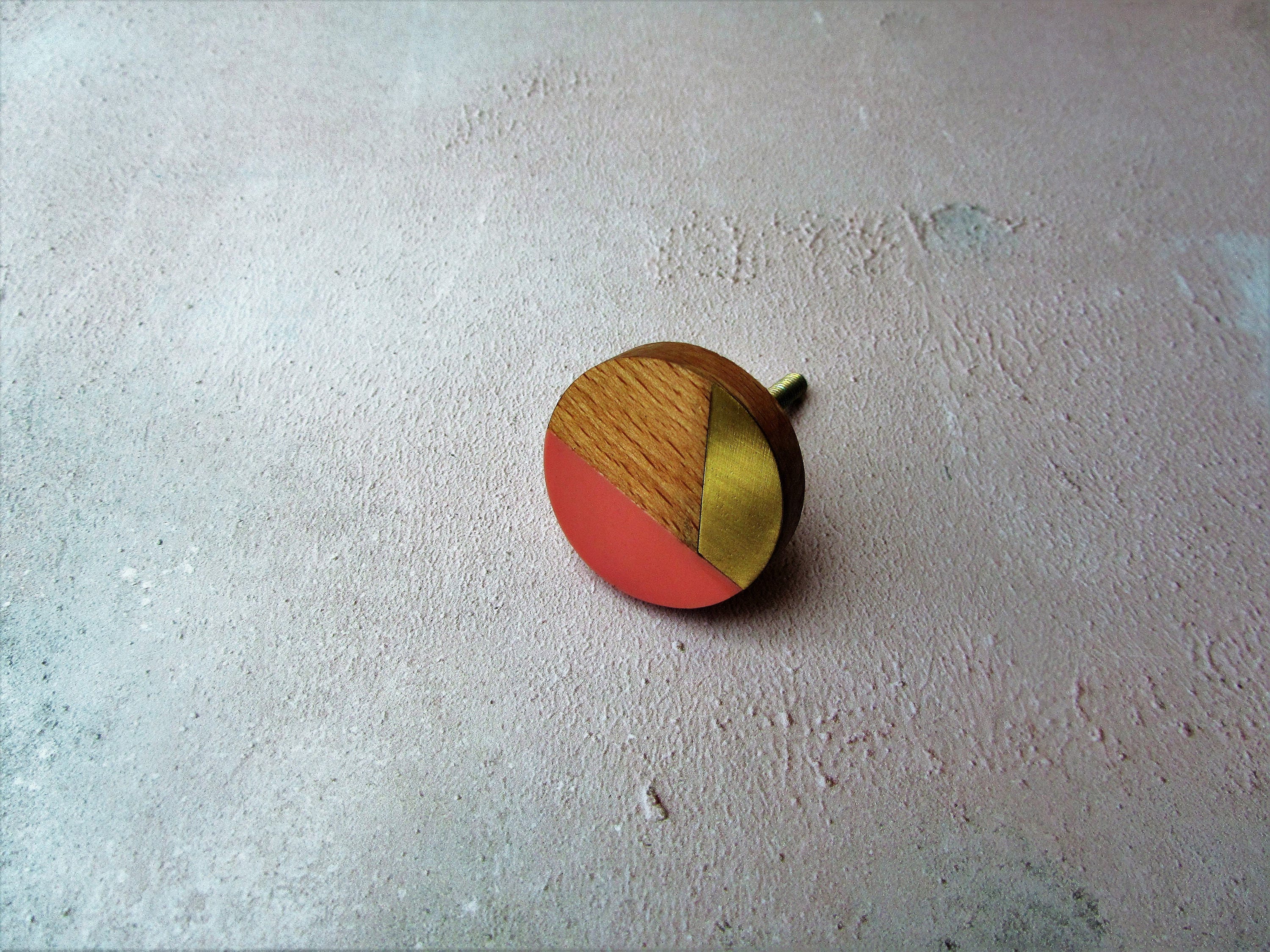 Mixed Media Knob Golden Brass Wood and Pink Resin Drawer Knob Pull