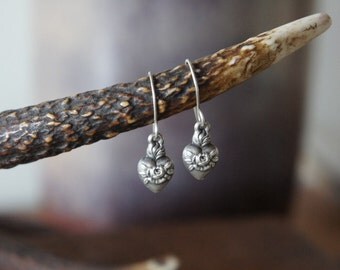Solid Silver Sacred Heart with Rose Earrings