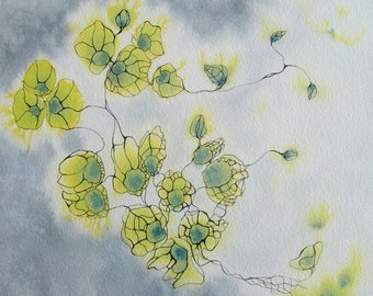 Art abstrait contemporain - Encres sur papier "Envolées 1" -oeurvre originale - Encre vert/bleu