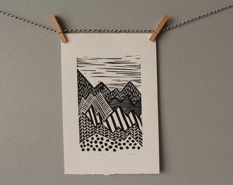 mountain print,mountains print, black and white mountain, monochrome pattern, original art, linocut,