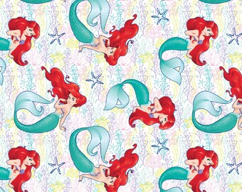 In stock New Disney Fabric: Disney Princess The Little Mermaid Ariel All Over Dream Starfish 100% cotton fabric SC551