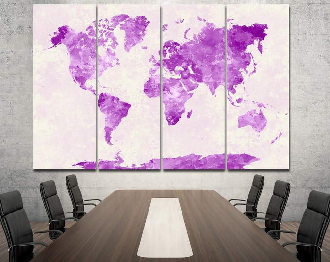 Large Pink Watercoor World Map Poster, Watercolor map, map decor / 1,2,3,4 or 5 Panels on Canvas Wall Art for Home & Office Decoration