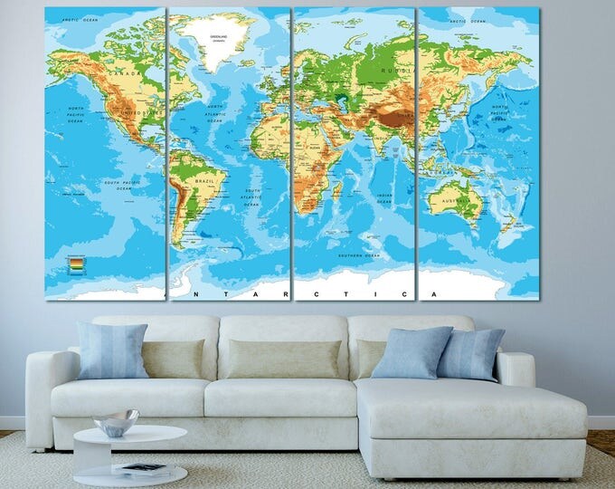 Large atlas world map print set of 3 or 5 panels, world map with countries, push pin world map classic world map detailed world map canvas