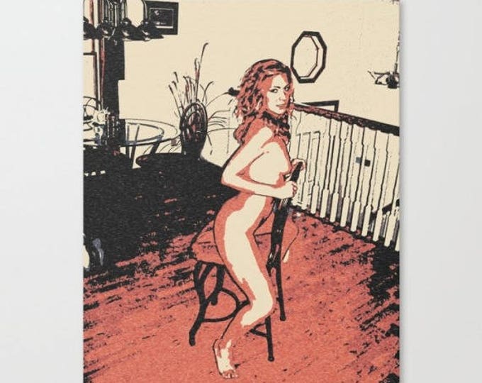 Erotic Art Canvas Print - Hot Red Flames, unique sexy pop art style print, Perfect nude girl in seducing pose, sensual high quality artwork