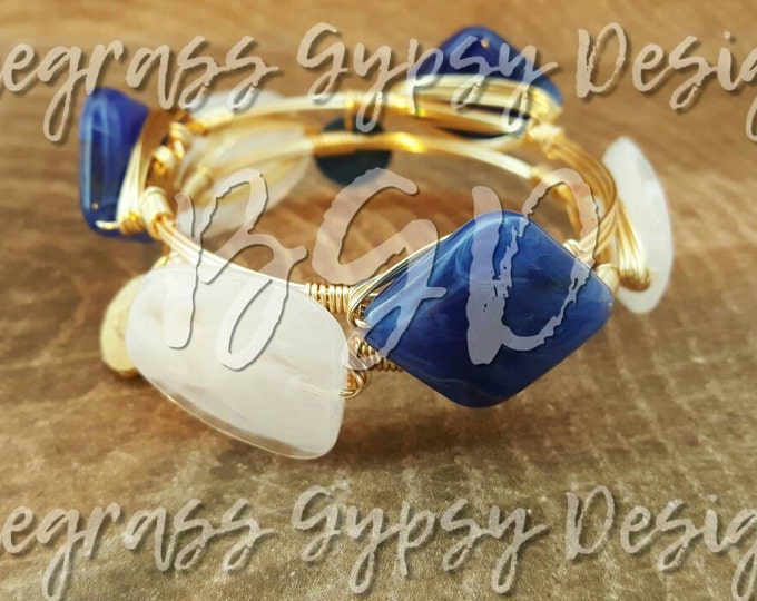 20% off Blue and White Wire Wrapped Bangle set, UK Bracelet, Silver or Gold wire, Bourbon and Boweties Inspired