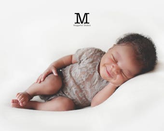 Newborn Baby Girl Grey Floral Stretch Lace Romper Photographers Prop Low Back with coordinating Organza Ribbon self tie ribbon Cap Sleeve.