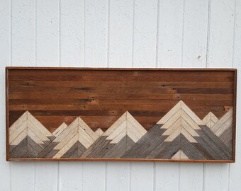 Past Reclaimed Wood Wall Art, Twin Headboard, Mountain Range, Bedroom Furniture, Decor, Lath Art, Geometric, 17"t x 41"w, Barn Wood Art