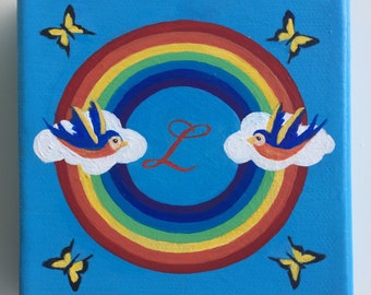 Custom Order Rainbow Personalized Initial Childrens Room Miniature Painting 4 x 4 Birds Butterflies Clouds Kids Room Decor Small Wall Art