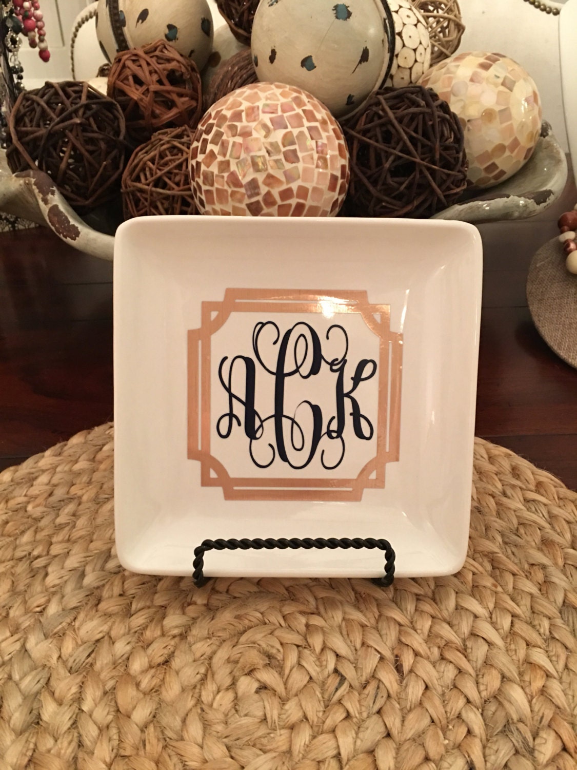 Decorative Monogramed Brown and Blue and othe custom options Porcelain Monogrammed Tray, Jewelry Storage, Jewelry Dish