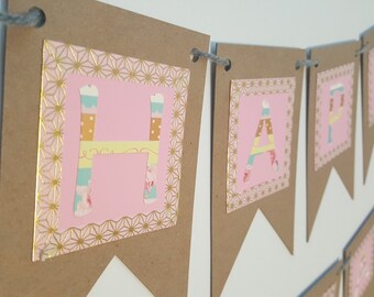 Happy Birthday Banner / Birthday Party Decor / Pink / Gold / Shabby Chic / Cute / Custom