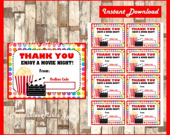 Redbox Gift Card instant download , Printable Teacher Appreciation Gift cards, Printable Redbox Enjoy a Movie Night cards