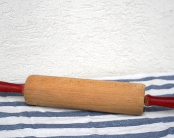 Vintage French Rustic Rolling Pin With Red Handles. French Home Decor. Kitchenalia.