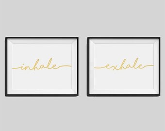 Set of two real foil prints "Inhale", "Exhale" Bedroom Wall Art, Gold Home Decor, Gold Bedroom Decor, Typography, Housewarming Gift