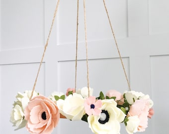 Pink Peony Felt Flower Mobile, Flower Crib Mobile, Baby Crib Mobile, Nursery Decor, Baby Decor, Peony Flowers