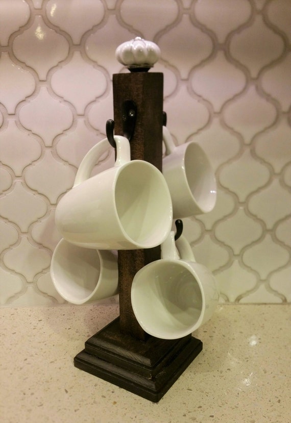 Wood Coffee Cup Stand Includes White Coffee Mugs
