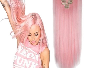 Pink Hair Extensions - Light Pink - Straight 26" Full Set Pink Clip In Hair Extensions Double Weft Hair Weave PREMIUM QUALITY #113