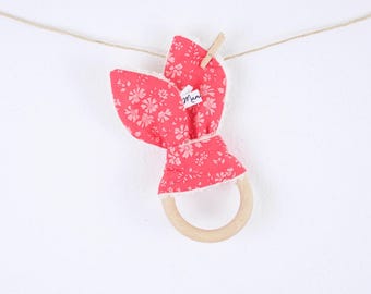 Teething ring baby, rattle, biological and liberty plush, rabbit ears, wooden ring