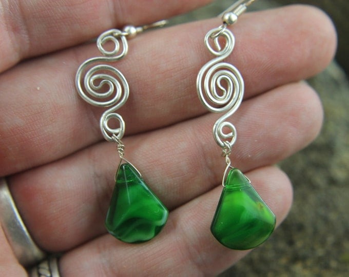 Hippie Earrings, Geometric Dangle Earrings, Sterling Silver Spiral Swirl w/ Green Triangle Bead, Wire Wrap Jewelry, Unique BoHo Gift for Her