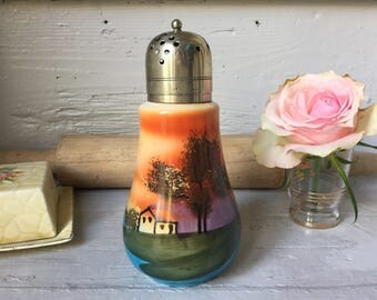 Sugar Sifter, shaker, muffineer, porcelain caster, hand painted, silver plate, condiment, collectible, Kitchenalia