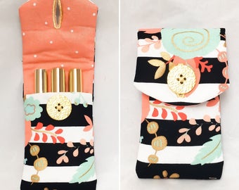 Lipstick lipgloss holder pouch lipsense collection black and white stripes with flowers accessories makeup cosmetics bag gifts