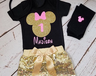 Minnie Mouse Birthday Outfit, Girls Birthday Outfit, Gold and Pink Birthday Outfit, Sequin Shorts Birthday Outfit