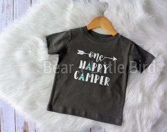 kids One Happy Camper Teepee adventure arrow Graphic T-shirt top infant toddler boys girls First Birthday Party